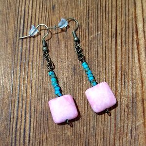 Turquoise Pink and Blue Beaded Earrings,  Handmade Ladies Dangle Earrings